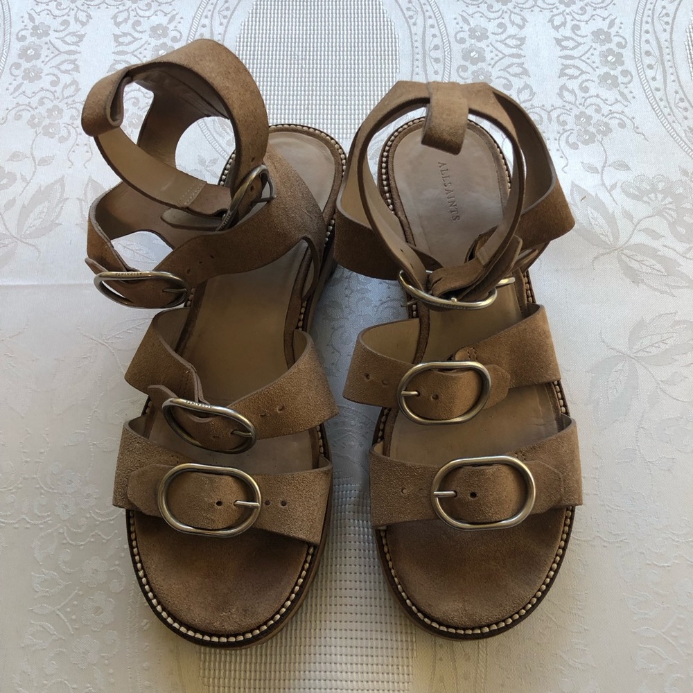 All Saints Tan Leather Sandals with Ankle Strap